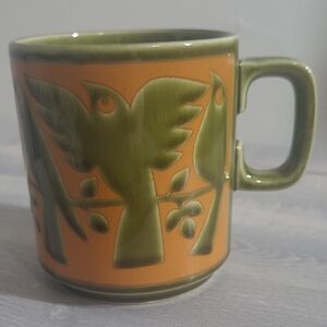 VTG John Clappison Hornsea Coffee Mug Green Orange Birds On Branches England